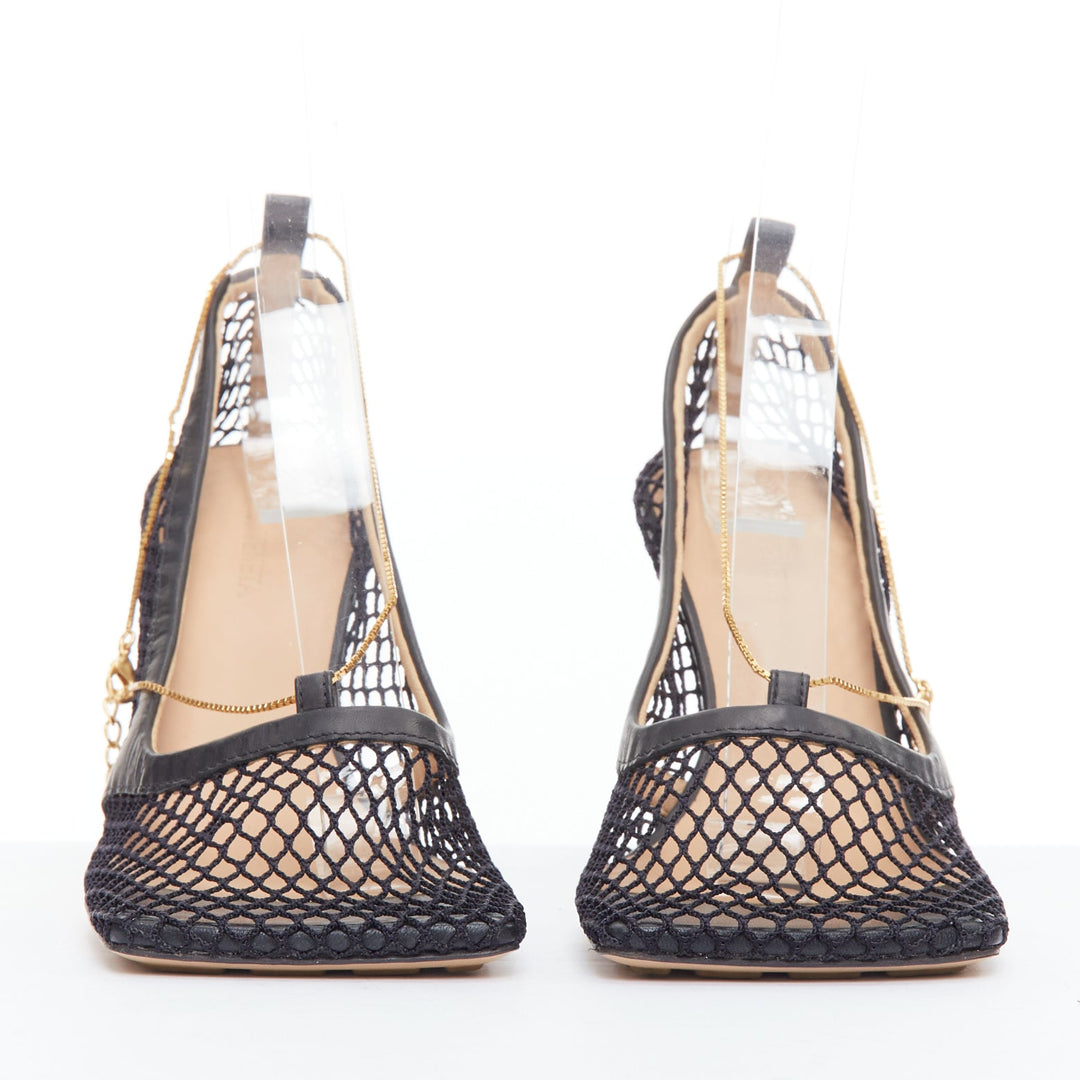 BOTTEGA VENETA Stretch black leather mesh net gold chain spool heels EU37