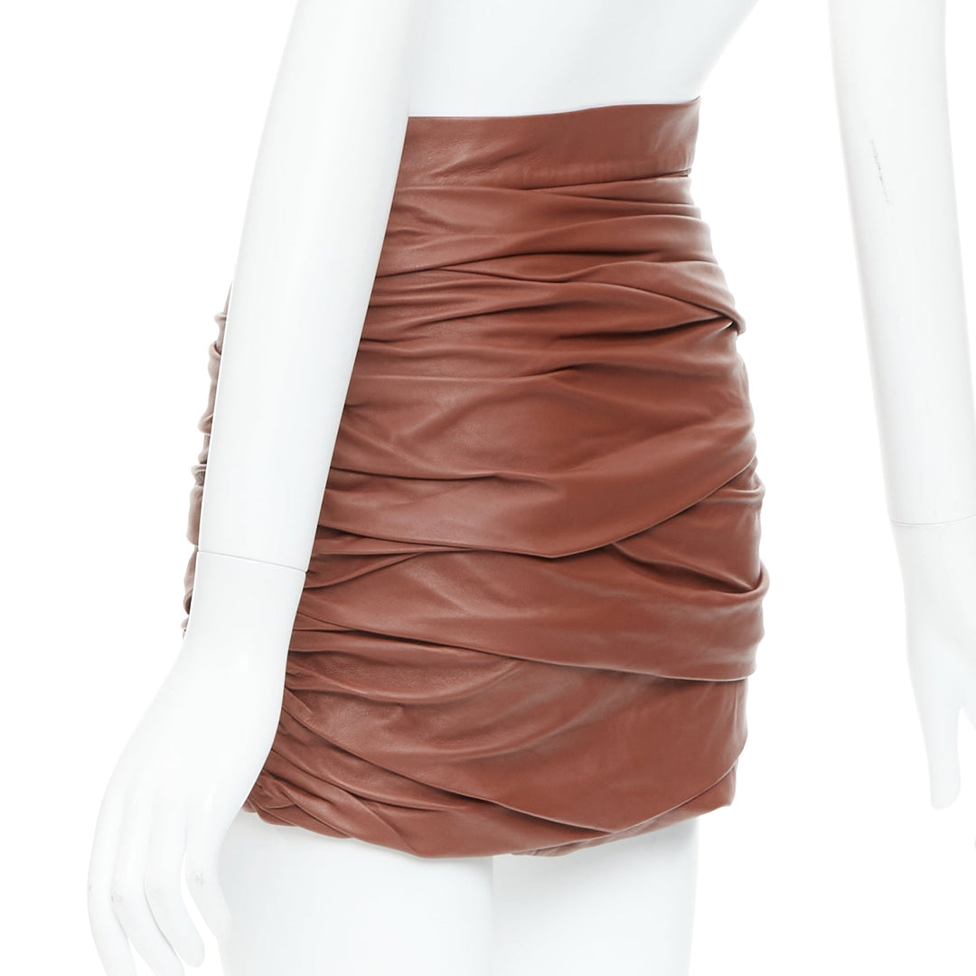 ZEYNEP ARCAY brown lambskin gathered ruched silk lined mini skirt FR34 XS