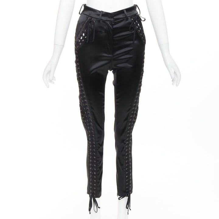 DOLCE GABBANA black satin eyelet corset lace detail cropped skinny pants IT38 XS