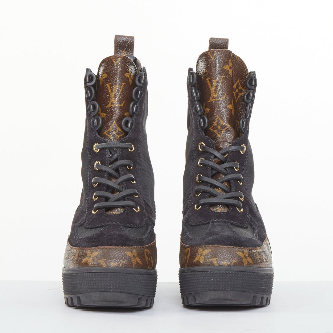LOUIS VUITTON Laureate platform monogram black suede desert combat boot EU39 US9