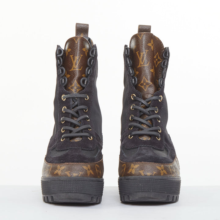 LOUIS VUITTON Laureate platform monogram black suede desert combat boot EU39 US9