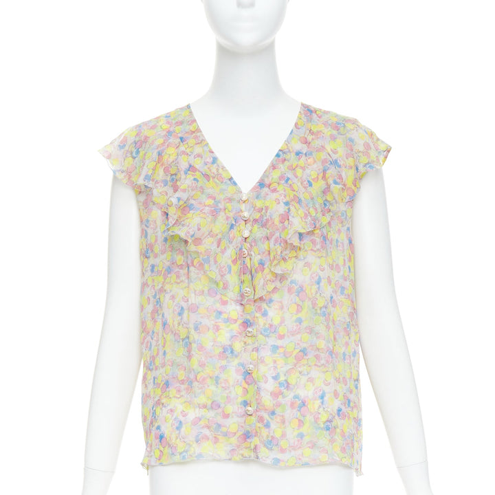 CHANEL 2011 100% silk Vintage circle pastel CC logo ruffle blouse FR42 XL