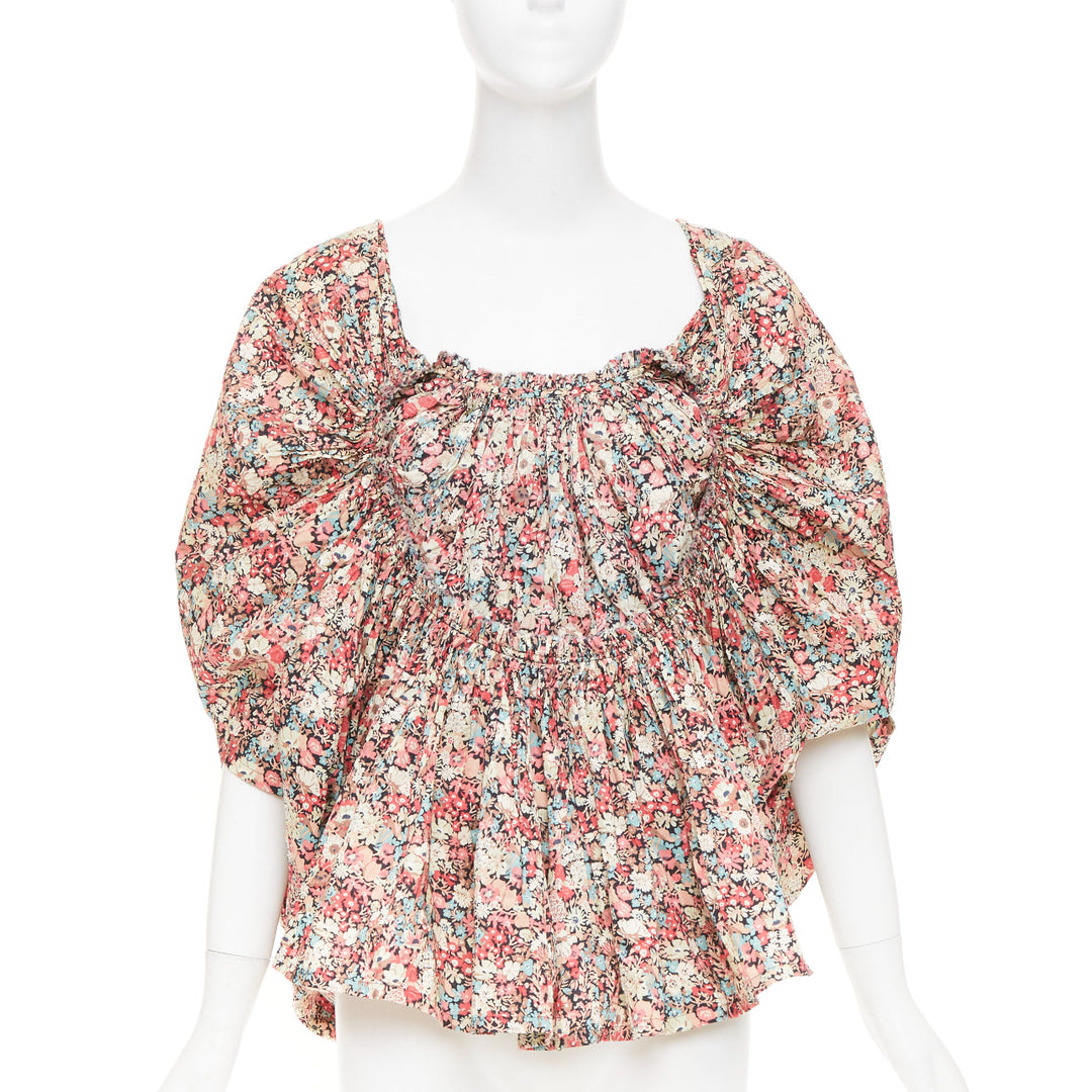 JUNYA WATANABE 2007 multicolor ditsy floral gathered smocked cotton blouse S