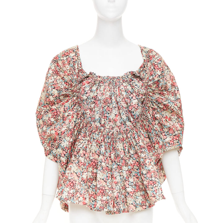 JUNYA WATANABE 2007 multicolor ditsy floral gathered smocked cotton blouse S