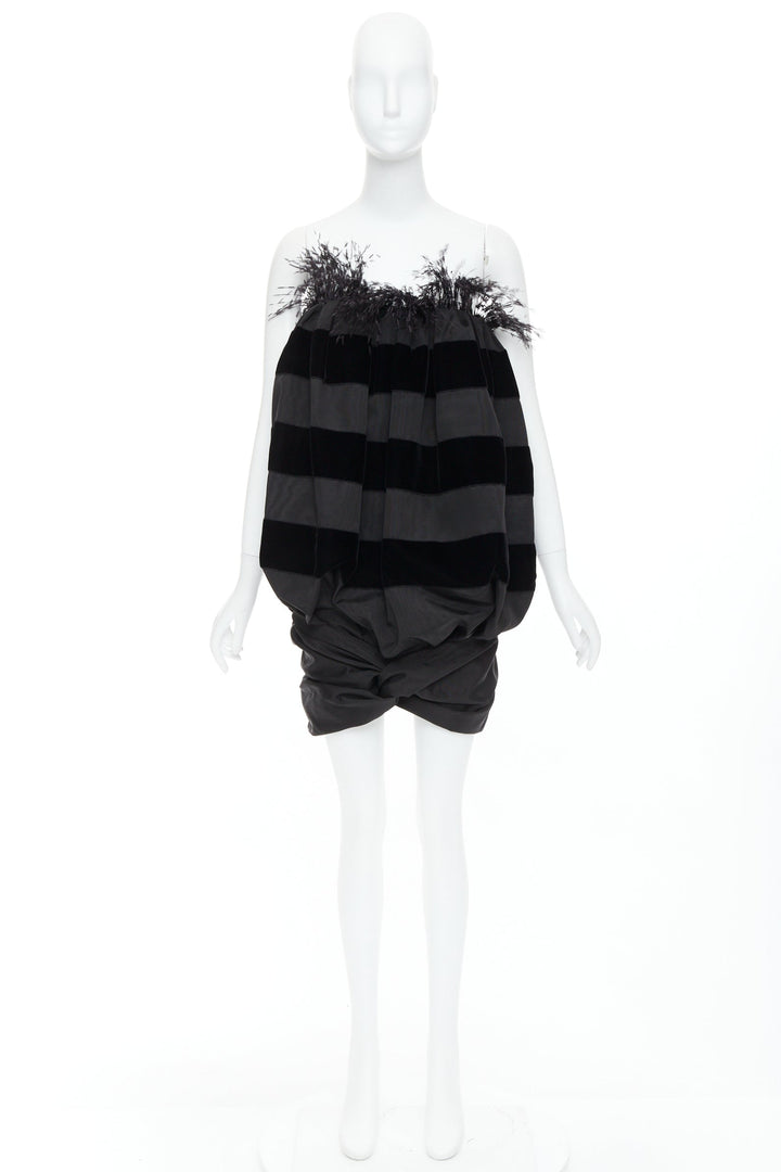 rare SAINT LAURENT 2021 Runway black feather velvet striped Le Pouf dress FR36 S