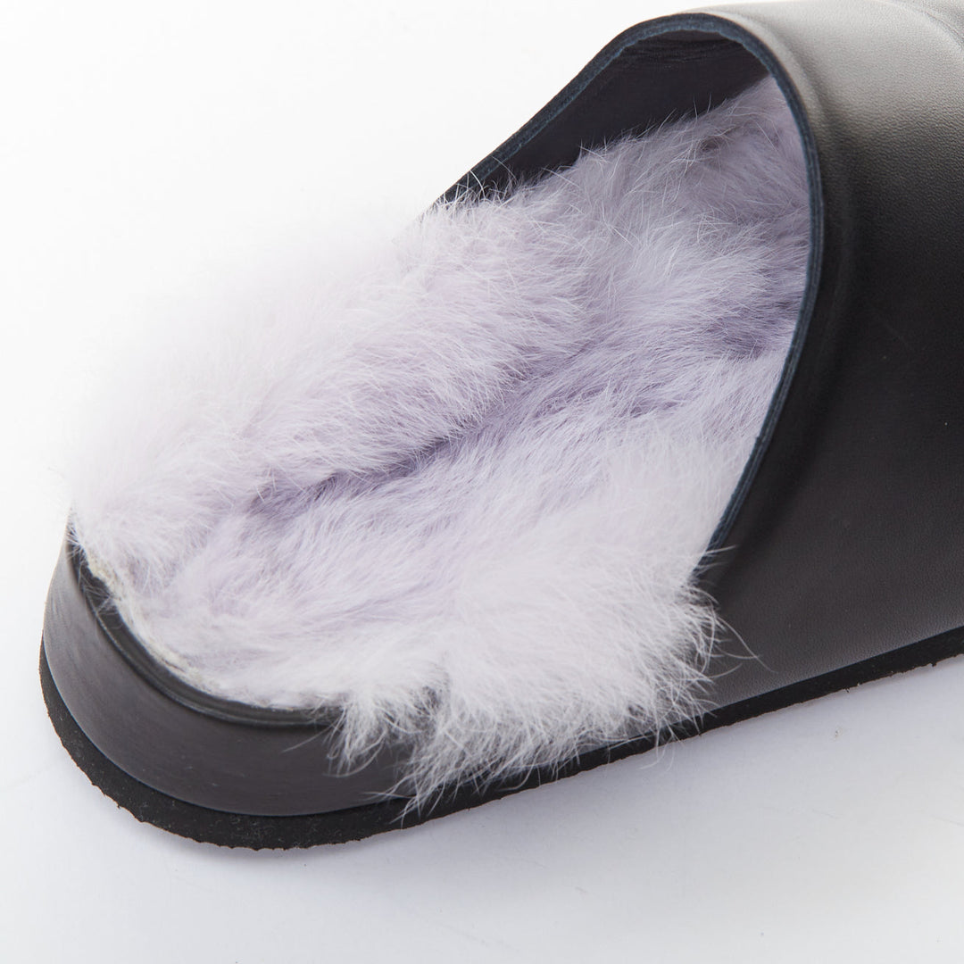 CELINE 2013 Phoebe Philo Runway black leather lilac shearling slide sandals EU37