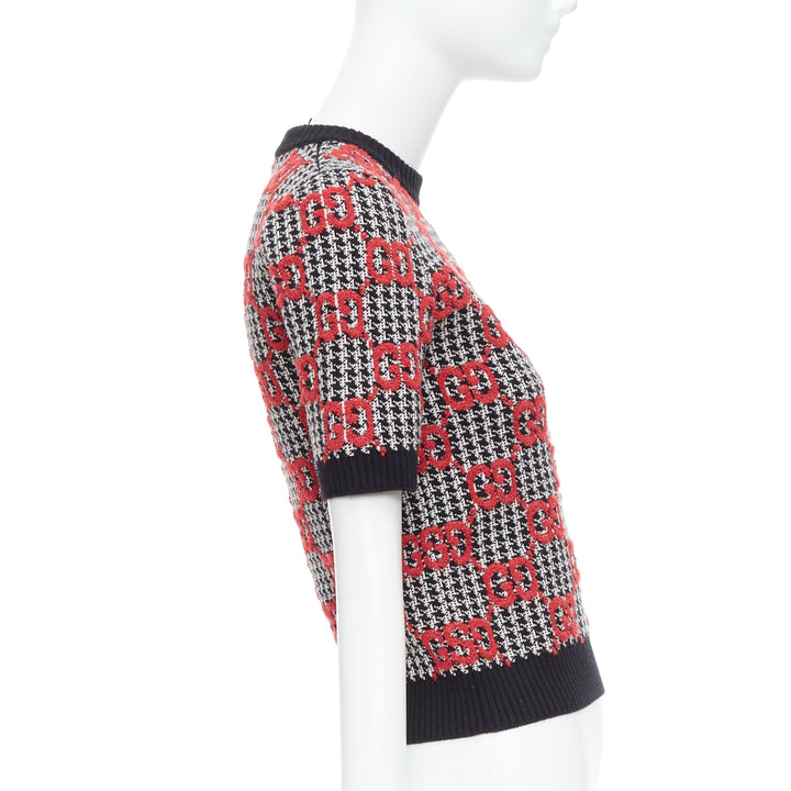 GUCCI 2023 red black Giant Monogram houndstooth intarsia crop sweater XS