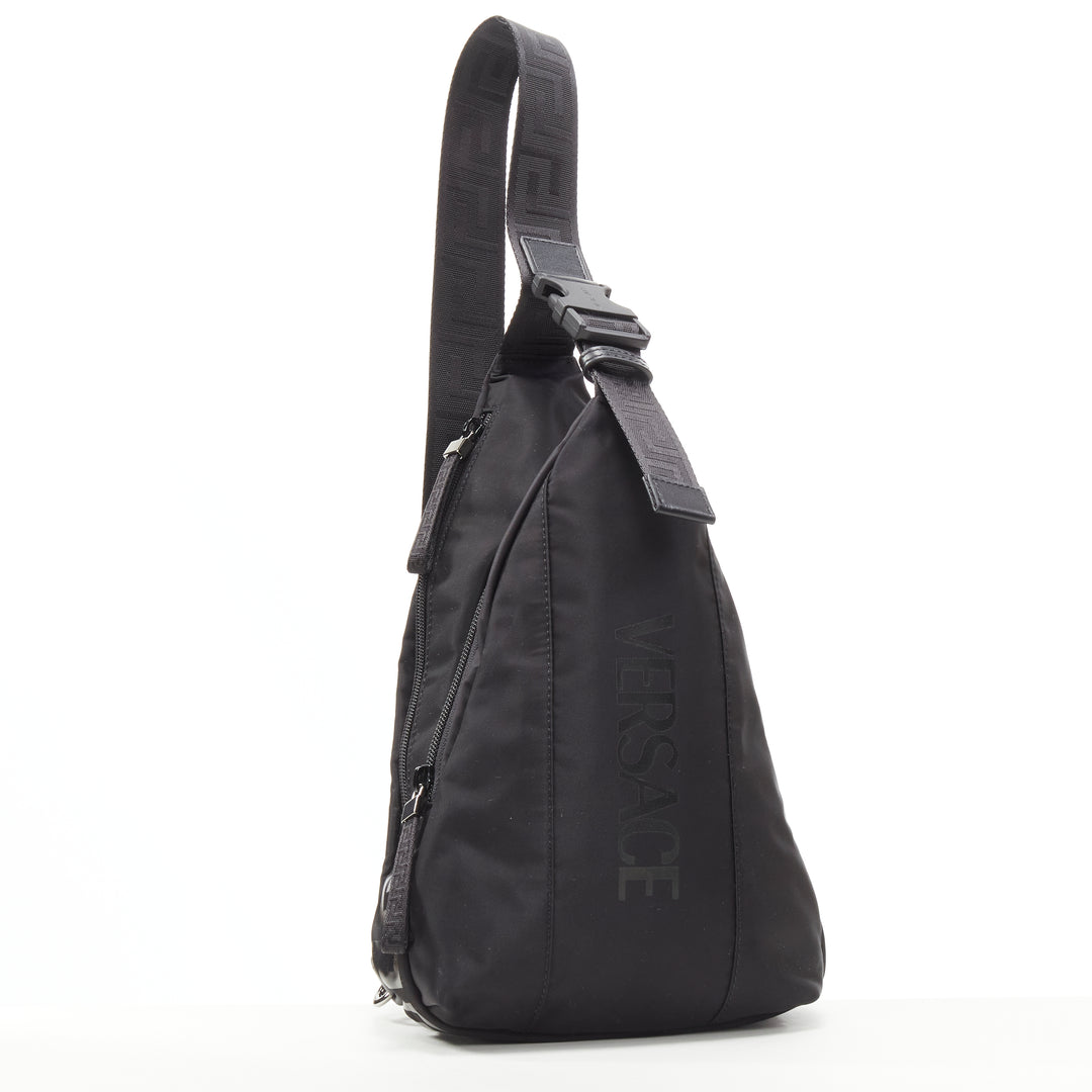 VERSACE La Greca Vintage 90s Logo black nylon small sling backpack bag