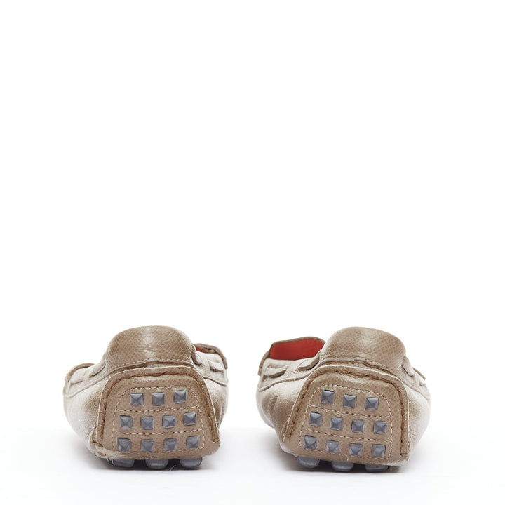 HERMES Irving stone taupe leather silver stud driving loafers EU35.5