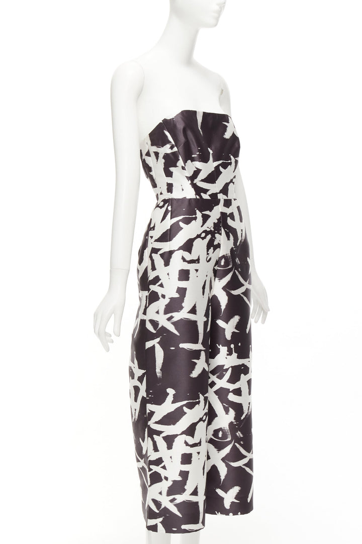WHISTLES black white abstract print strapless back cut out wide jumpsuit UK10 M