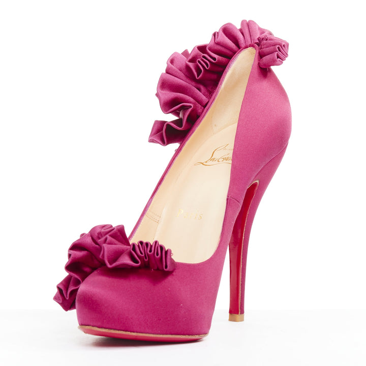 CHRISTIAN LOUBOUTIN Escandria 120 Satin cranberry pink ruffle platform EU37.5