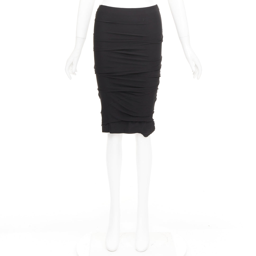 TOM FORD black viscose ruched high waisted asymmetric knee pencil skirt IT36 XXS