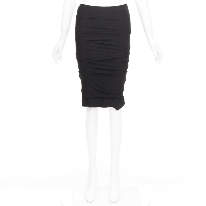 TOM FORD black viscose ruched high waisted asymmetric knee pencil skirt IT36 XXS