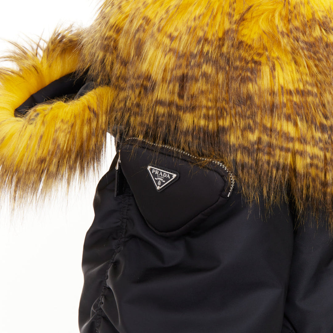 rare PRADA 2021 Raf Simons Runway yellow fur black off shoulder bomber IT38 XS
