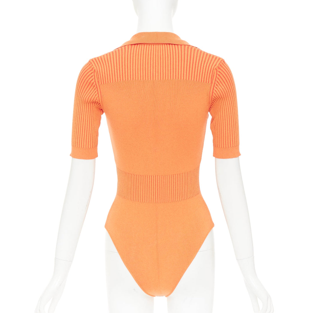 JACQUEMUS Le Body Yauco orange ribbed knit plunge polo bodysuit top FR36 S
