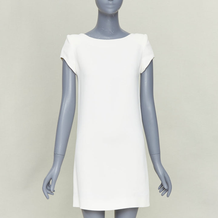 SAINT LAURENT 2012 cream crepe padded shoulder bateau neck mini dress FR34 XS