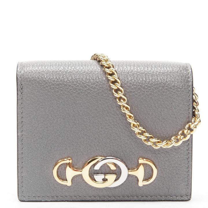 GUCCI 570660 Zumi grey leather GG Horsebit bi-fold wallet on chain mini bag