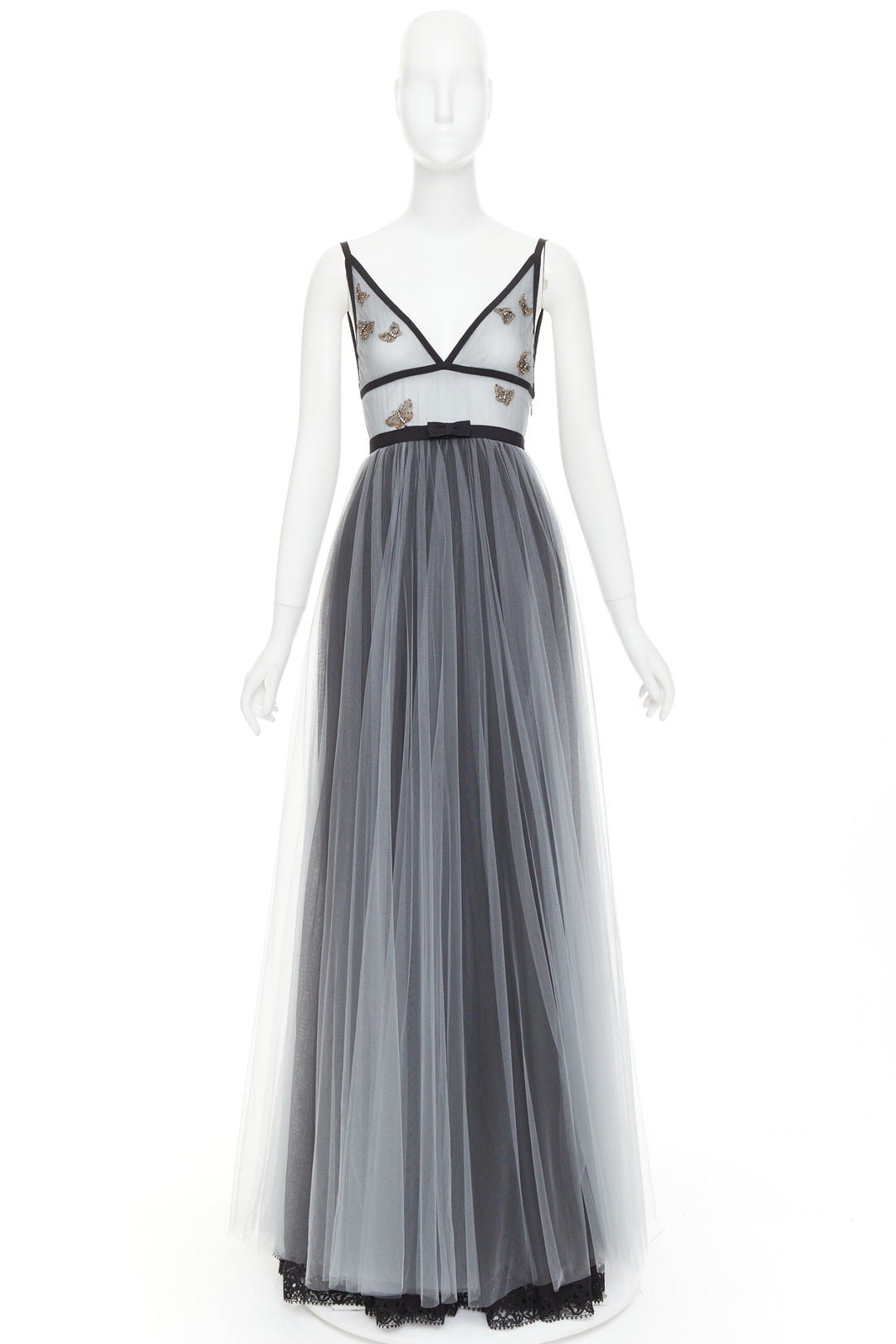 rare CHRISTIAN DIOR 2024 Runway grey butterfly bead embroidered tulle maxi gown