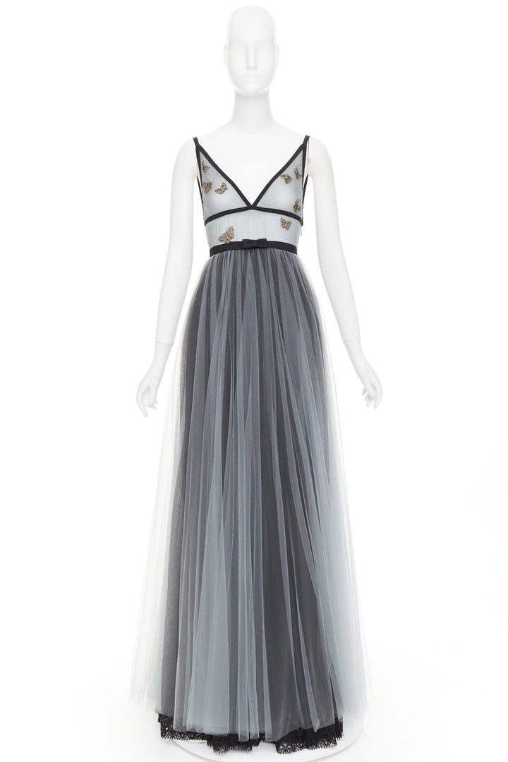 rare CHRISTIAN DIOR 2024 Runway grey butterfly bead embroidered tulle maxi gown