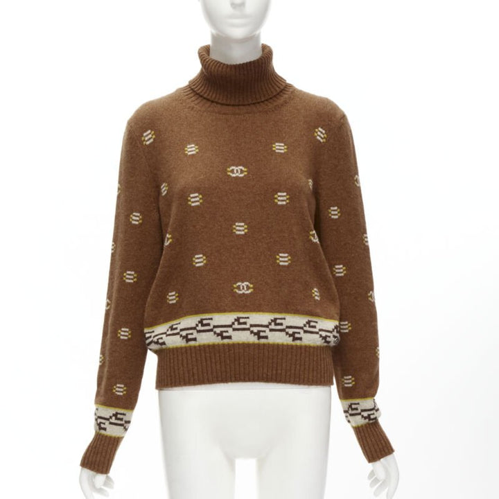 CHANEL 95% cashmere brown yellow CC logo intarsia turtleneck sweater FR42 XL