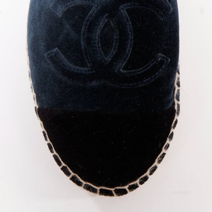 CHANEL navy velvet CC logo applique nude jute espadrille shoes EU37