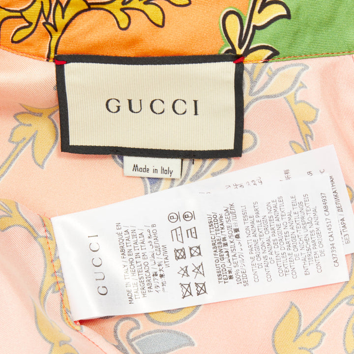 GUCCI 2021 Fluo Barocco orange green  GG Rhombus Ramage silk blouse IT38 XS