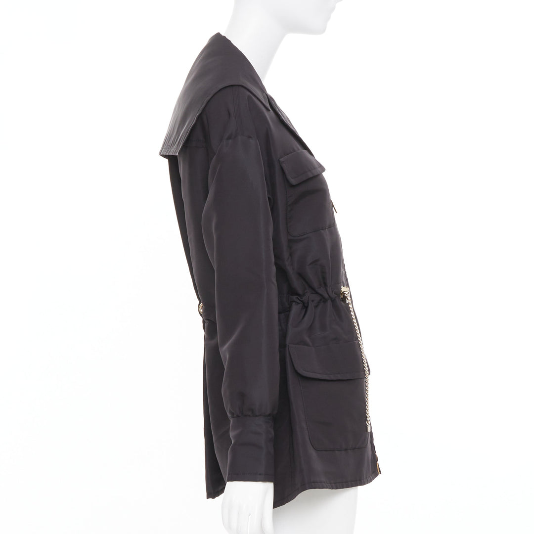 CHANEL 2023 black silk flap pocket gold chain drawstring utility jacket FR34 XS