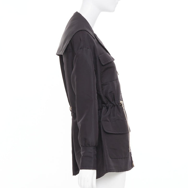 CHANEL 2023 black silk flap pocket gold chain drawstring utility jacket FR34 XS