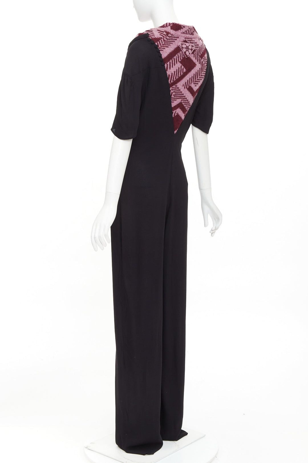 PRADA 2021 Runway pink sable jacquard wool knit trim pleated jumpsuit IT38 XS