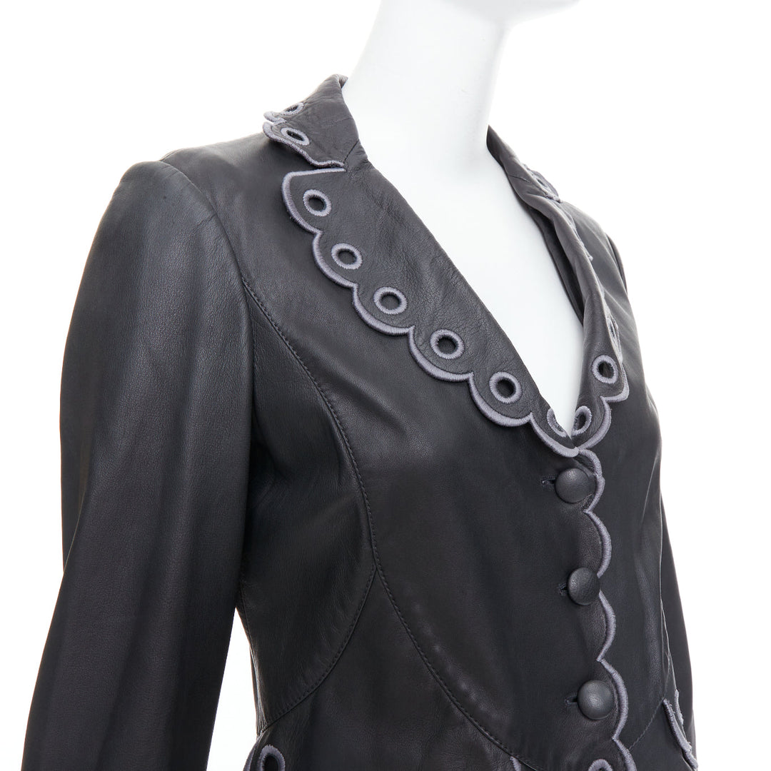 EMPORIO ARMANI 2009 black lambskin grey embroidered scalloped crop jacket IT40 S