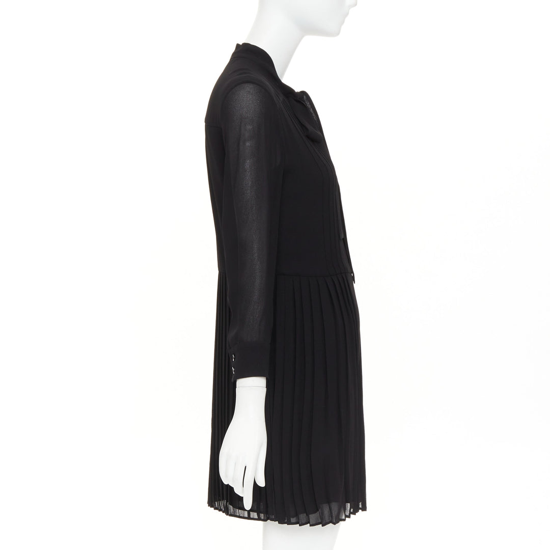 SAINT LAURENT 2013 black acetate blend pussybow pleated mini dress FR36 S