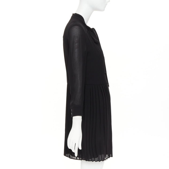 SAINT LAURENT 2013 black acetate blend pussybow pleated mini dress FR36 S