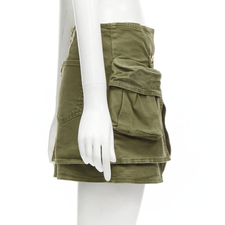 BALMAIN gold tone horsebit buckle green distressed cargo mini skirt FR34 XS