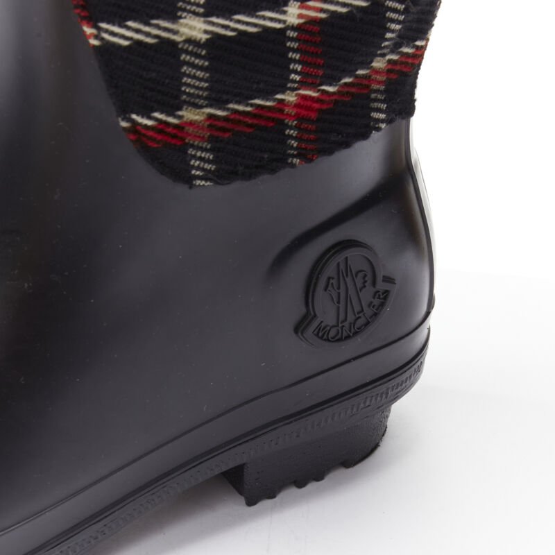 MONCLER red black plaid check black rubber wellington rain boots EU39