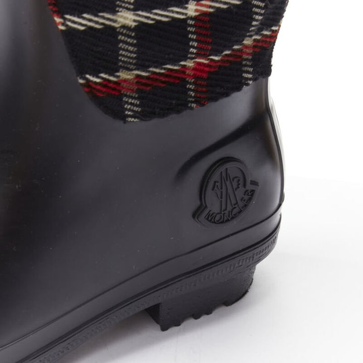 MONCLER red black plaid check black rubber wellington rain boots EU39