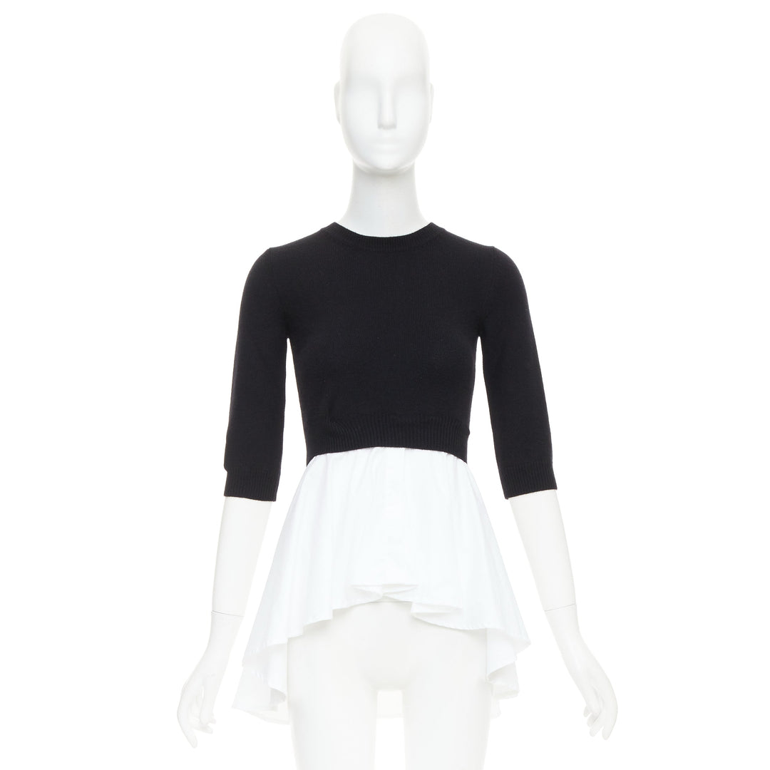 ALEXANDER MCQUEEN black wool cashmere sweater white cotton peplum top XXS