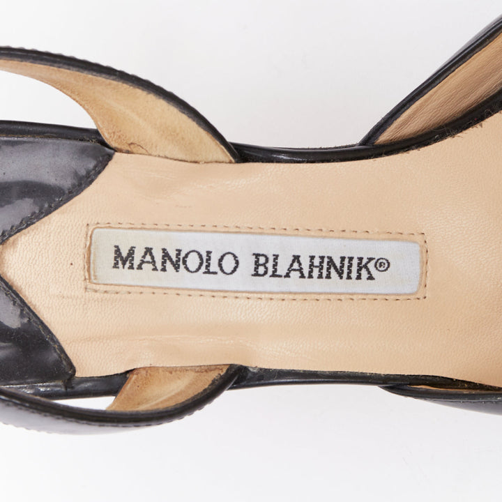 MANOLO BLAHNIK black patent pointed toe slingback dorsay heel EU39