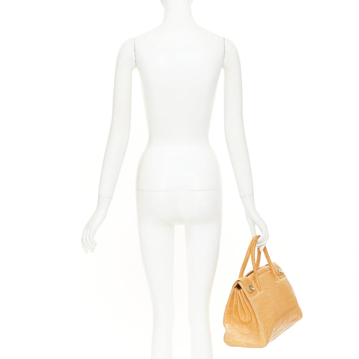 KWANPEN beige croc leather silver turnlock top handle executive tote bag