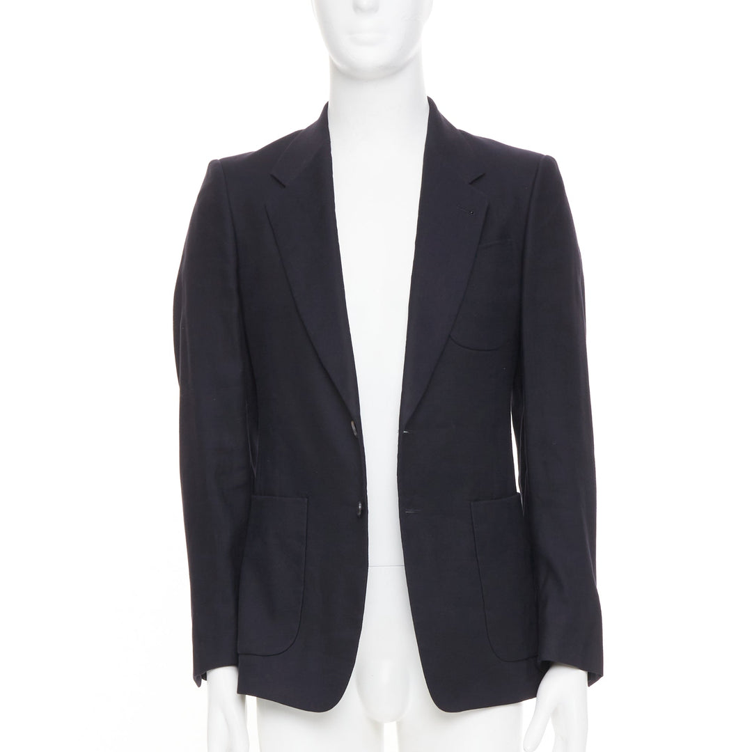 DRIES VAN NOTEN navy black linen cotton patch pocket notch lapel blazer EU46 S