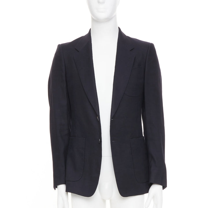 DRIES VAN NOTEN navy black linen cotton patch pocket notch lapel blazer EU46 S