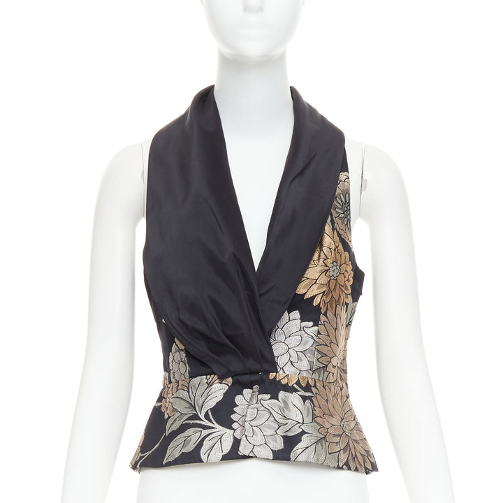 GIORGIO ARMANI black silk oriental floral jacquard Tback vest waistcoat IT36 XXS