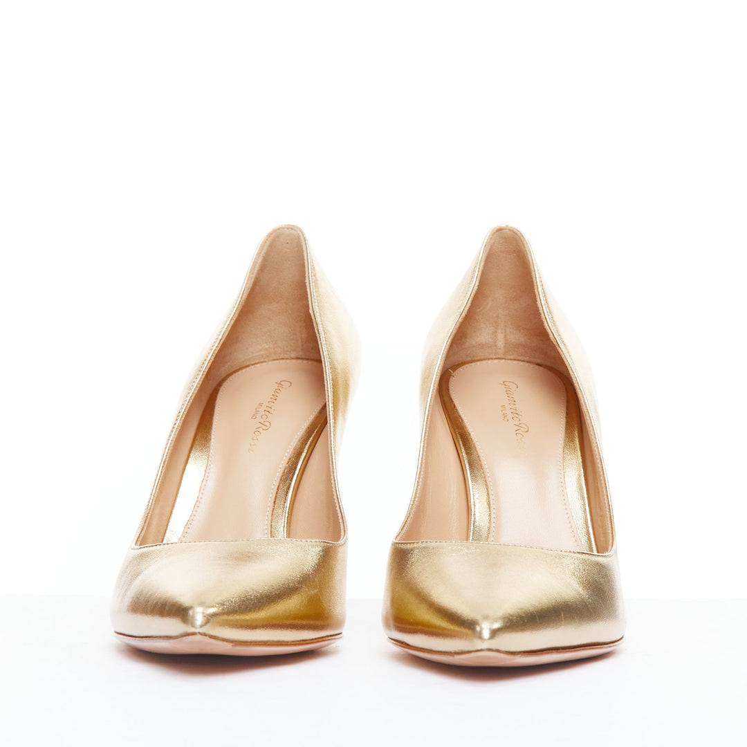 GIANVITO ROSSI metallic gold leather pointy pump heels EU39.5