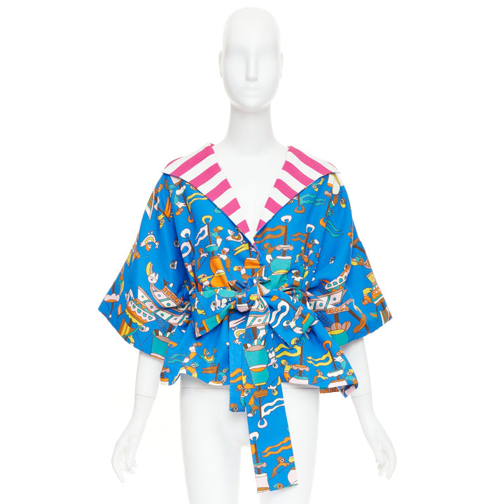 RIANNA + NINA Greek blue cotton cartoon print striped belted Kimono blouse M