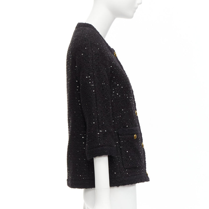 SAINT LAURENT 2021 black wool sequinned tweed gold button jacket FR34 XS