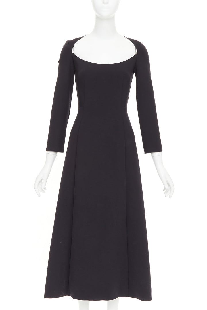 THE ROW Cadiz black wide scoop cut out neck long sleeve fit flare midi dress XS