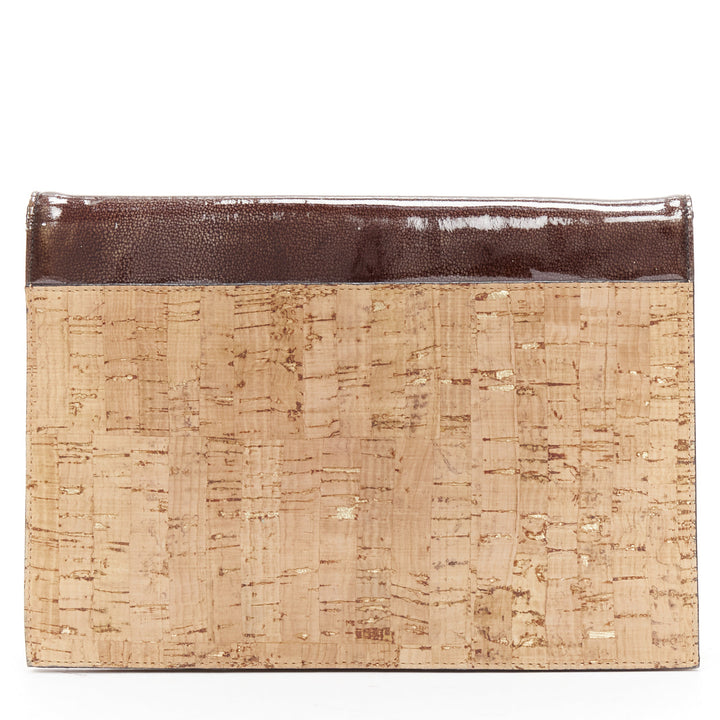 YVES SAINT LAURENT Vintage Cork brown patent leather small envelope clutch bag