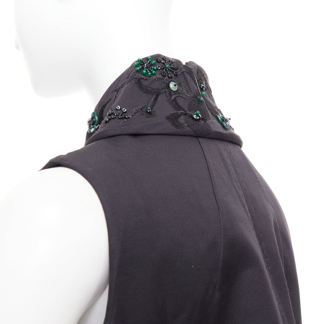 SHIATZY CHEN black wool silk green faux jade embellished long vest IT42 M