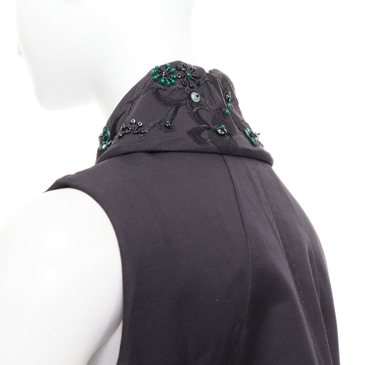 SHIATZY CHEN black wool silk green faux jade embellished long vest IT42 M