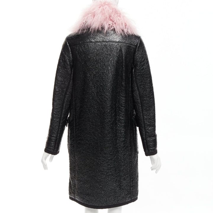 MONCLER pink tibet lamb fur black patent cotton virgin wool blend coat Sz1 M