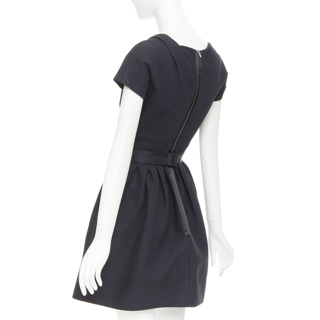 VICTORIA BECKHAM Dress N91 black cotton blend gathered crepe belted dress UK8 S